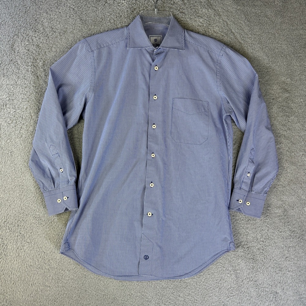 David Donahue Shirt Mens Medium Blue Check Long Sleeve Button Up Dress Classic